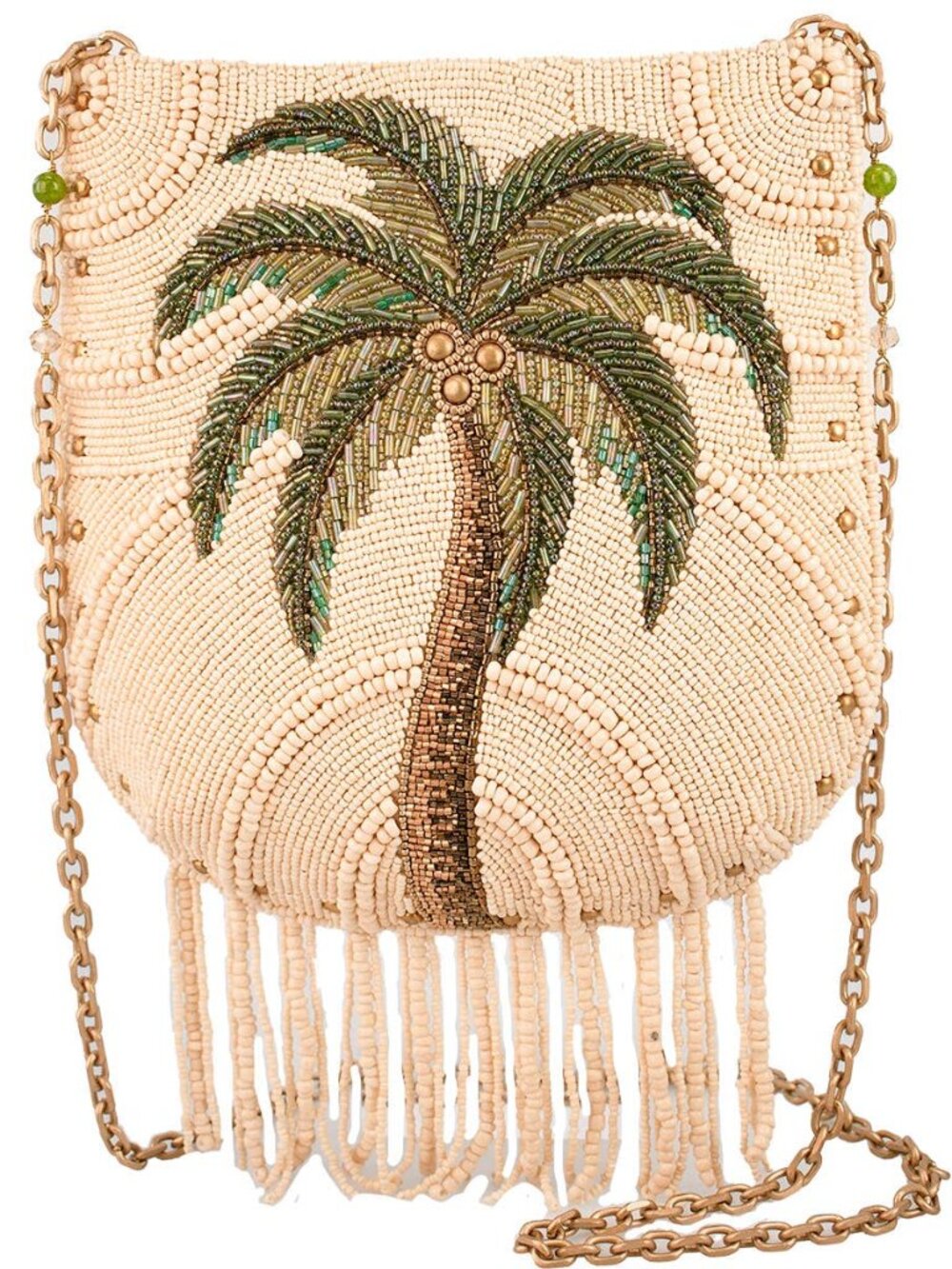 Mary Frances Coconutty Palmtree and Beaded Fringe Crossbody Handbag